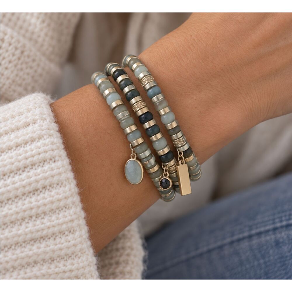 Set of 3 Teal & Gold Tone Beaded Stretch Bracelets Stackable Boho Jewelry